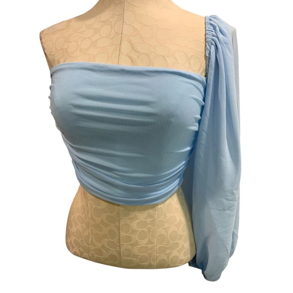 Large Hello Molly Womens One Sleeve Light Blue Cropped Shirt Strapless